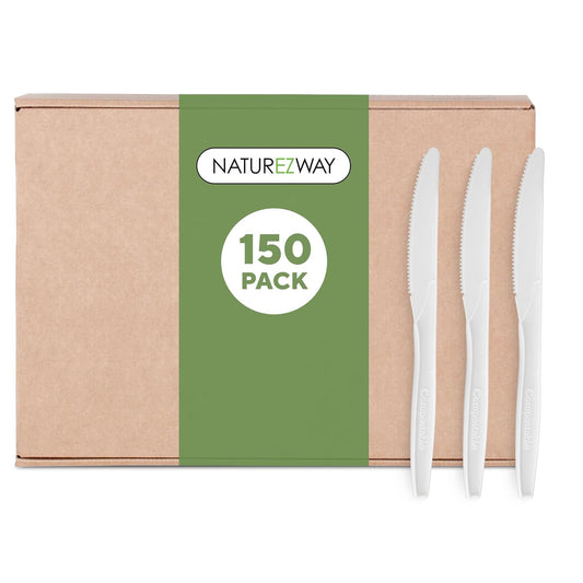 NatureZway 100% Compostable Knives - Pack of 150 - Eco-Friendly Disposable Cutlery, Sturdy & Durable, Utensils for Parties, Picnics, and Everyday Use, Tree Free, Heat-Resistant