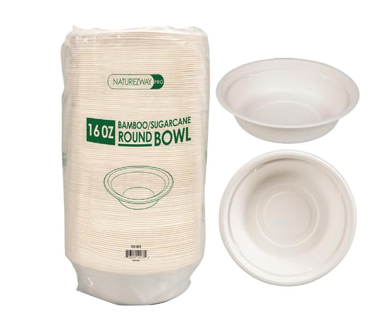 NatureZway 16 oz. Bamboo & Sugarcane Bowls (125 Pack) - Leak-proof, Heavy-duty, Microwave Safe, Compostable