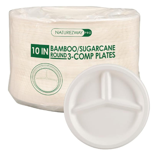 NatureZway 125 Pack 6" Bamboo Sugarcane Round Plates - Compostable, Leak-Proof, Heavy-Duty, Microwave Safe