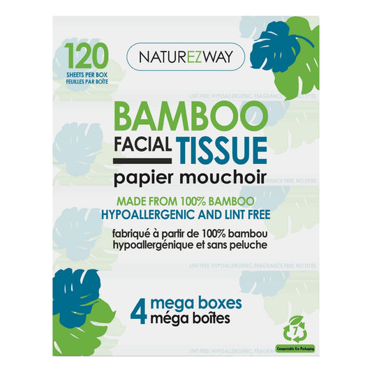 NatureZway 2-Ply Bamboo Facial Tissues, 4 Pack (480 Sheets) | Ultra Soft, Eco-Friendly & Sustainable