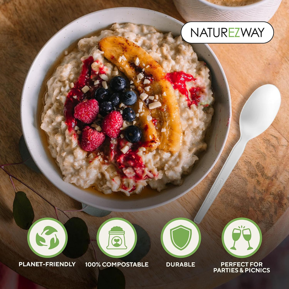 NatureZway 100% Compostable Forks - Pack of 150 - Eco-Friendly Disposable Cutlery, Sturdy & Durable Utensils for Parties, Picnics, and Everyday Use, Tree Free, Heat Resistant