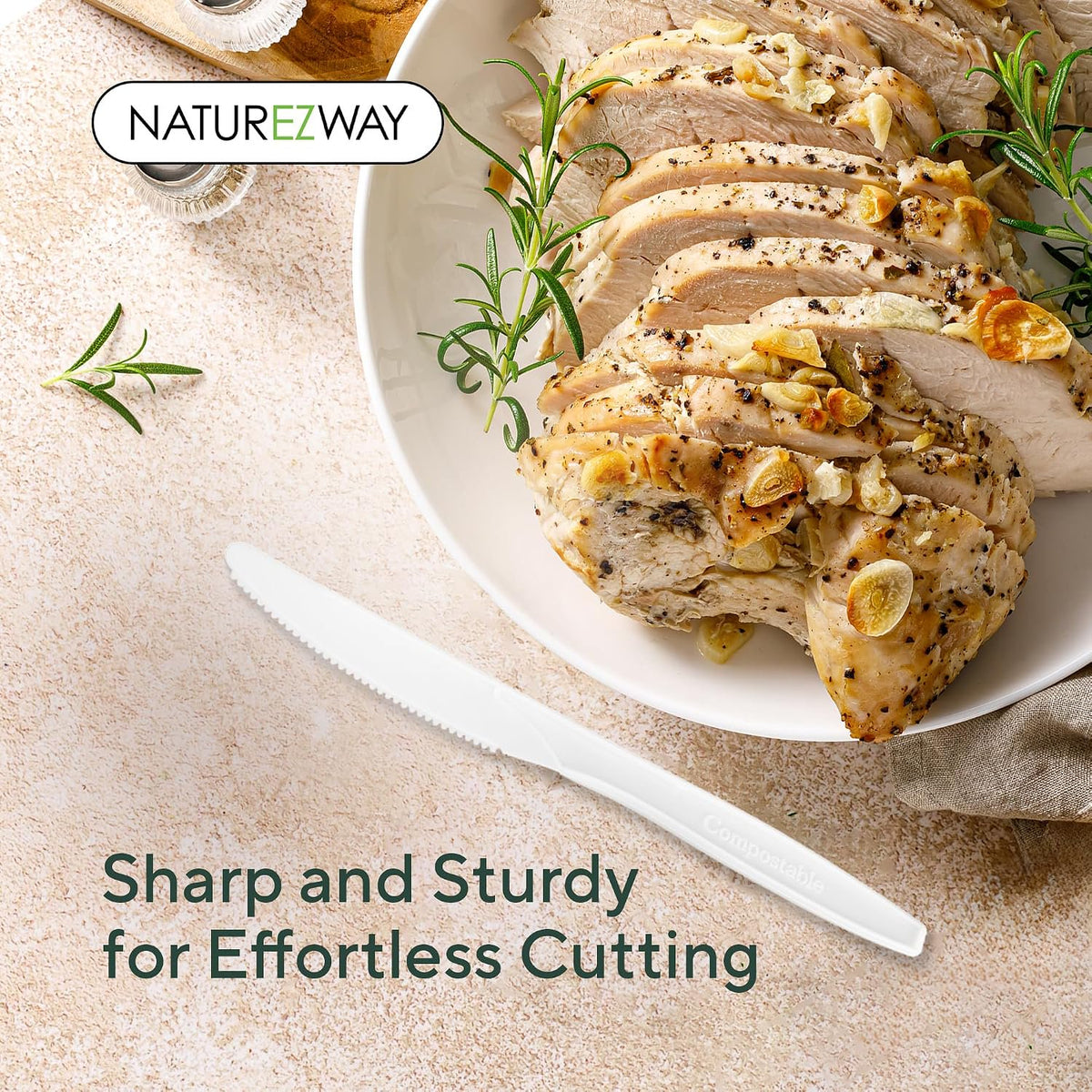NatureZway 100% Compostable Knives - Pack of 150 - Eco-Friendly Disposable Cutlery, Sturdy & Durable, Utensils for Parties, Picnics, and Everyday Use, Tree Free, Heat-Resistant