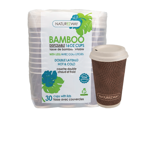 16 OZ. Bamboo Disposable Double Layered Hot & Cold Cups With Lids