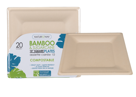 (20 PACK) 10" Bamboo & Sugarcane Disposable Compostable Square Plates